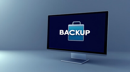 An isolated computer monitor on a neutral background displays 'BACKUP' with an icon, emphasizing data security and technology. The modern design communicates efficiency and trust.