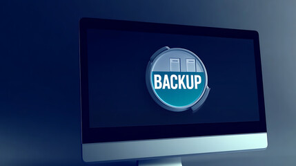 A sleek computer screen displays the word 'Backup' in white letters, set against a gradient teal circle. Two minimalist icons sit atop. A modern, vital reminder for data security.