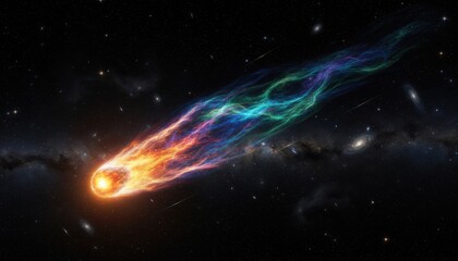 A vivid cosmic scene featuring a radiant comet blazing across deep space with swirling multicolor trails symbolizing energy motion transformation and the boundless mystery of the universe