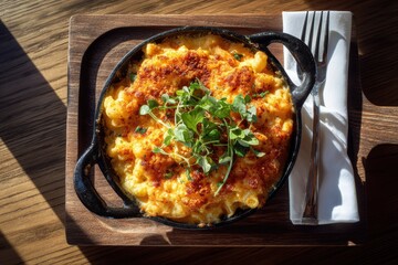 Delicious baked mac and cheese casserole served in a black cast iron mini skillet, featuring a crispy golden crust, elbow pasta, and fresh microgreens garnish, overhead view on a wooden table.