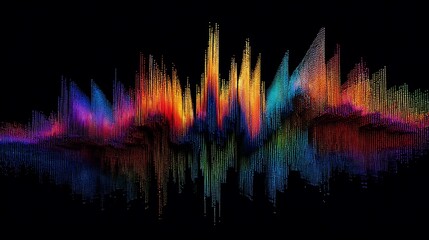 Vibrant digital equalizer waveform with colorful sound waves on black background, technology and music concept