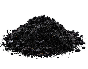 A close-up shot of a dark brown pile of soil with various textures, isolated on a black background