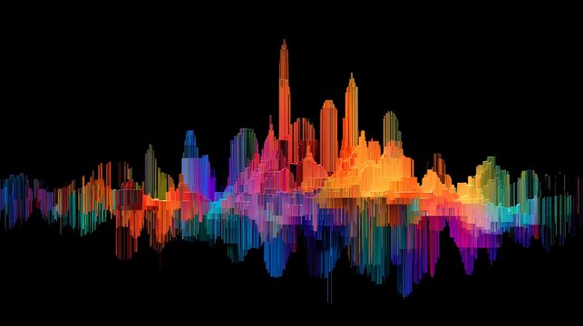Vibrant digital equalizer waveform with colorful bars on black background for music technology and audio visualization - Powered by Adobe