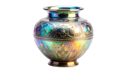 An iridescent, ornate glass vase with detailed metalwork against a black background.