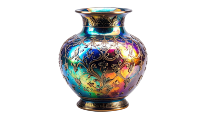 Ornate iridescent carnival glass vase with elaborate gold detailing against a black background.