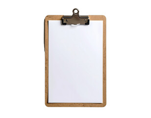 Overhead shot of a wooden clipboard with a blank white sheet of paper secured at the top