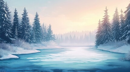 A frozen riverscape surrounded by sprawling frost-covered pine trees