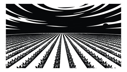 Farm field with plants barn tractor and clouds agriculture landscape background scene