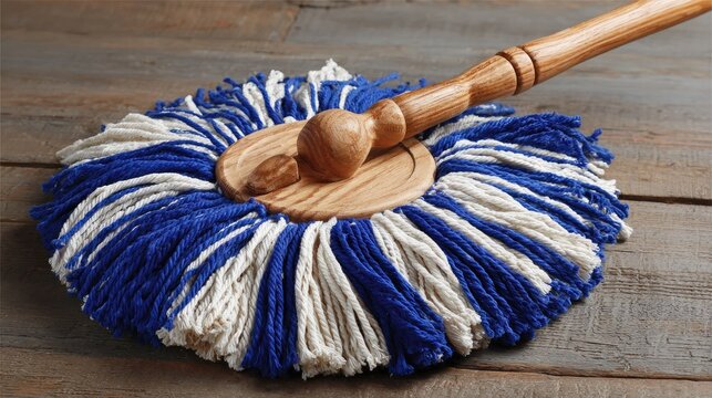 Corded cleaning implement with wooden handle rests upon a weathered wooden surface