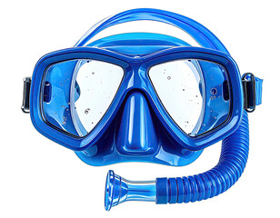 Close-up of a vibrant blue snorkel mask, showcasing goggles and breathing tube on black backdrop