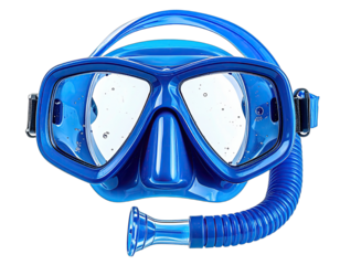 Close-up of a vibrant blue snorkel mask, showcasing goggles and breathing tube on black backdrop