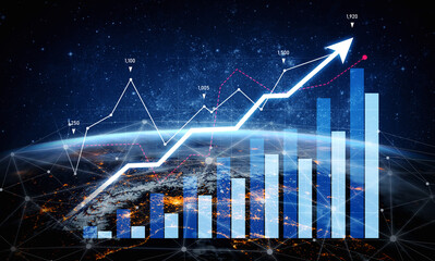 This captivating image illustrates financial growth through bar graphs and data charts set against a cosmic backdrop, symbolizing market success and innovation. Scalp