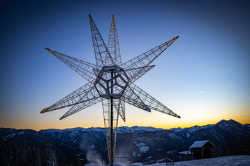 winter landscape with mountains, view from B&uuml;rgeralpe, mariazell, styria, austria, snow, winter, sunset, christmas decoration