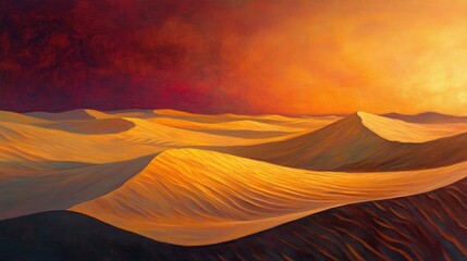 A glowing dune-scape with sand ripples catching the light of a fading sunset