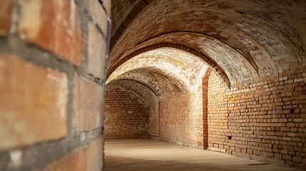 Eerie subterranean passage featuring vaulted ceilings and exposed brick walls. Warm lighting casts an inviting glow, hinting at the stories within its ancient structure.