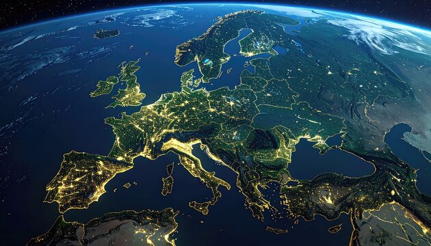 Detailed night view of Europe showcasing illuminated cities and coastlines from space.