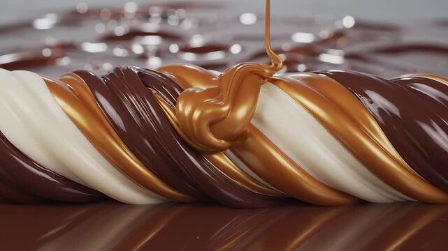 Delicious chocolate and caramel swirl dessert being prepared with a smooth glossy texture.