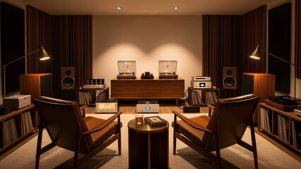 Audiophile Hi-Fi lounge. Acoustic wood slats plush rugs mid-century modern chairs warm spotlighting on turntables. Premium.