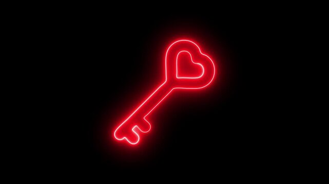 Glowing neon heart key design animation. love romance.