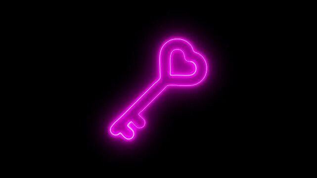 Glowing neon heart key design animation. love romance.