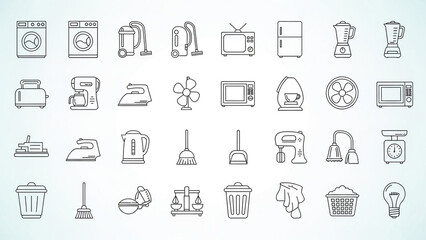 Household Cleaning Icons in Minimalist Style with Gray Color on White Background for Web Design
