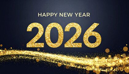 Happy new year 2026 greeting card featuring huge glittering golden numbers and abstract shiny particle stream on a dark backdrop