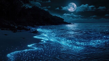A magical midnight beach scene where glowing bioluminescent waves crash gently on dark