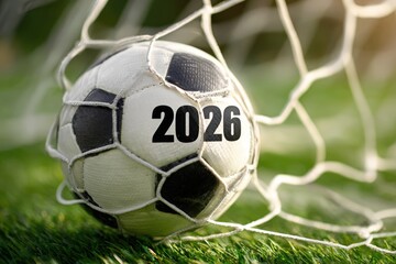Dynamic Soccer Ball with 2026 Print Hitting Net on Vibrant Green Field