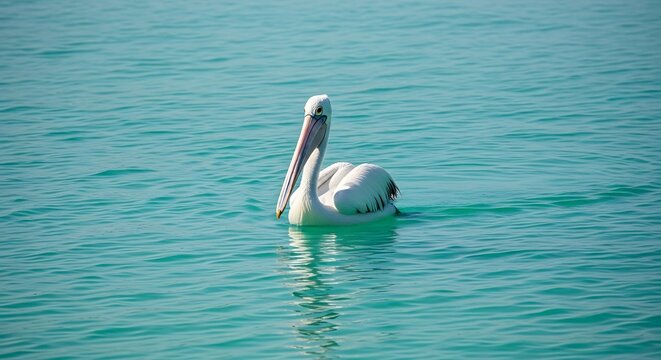 Pelican swimming in turquoise water.