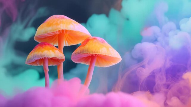 Colorful mushrooms grow in a vibrant setting with smoke in the background during a bright day
