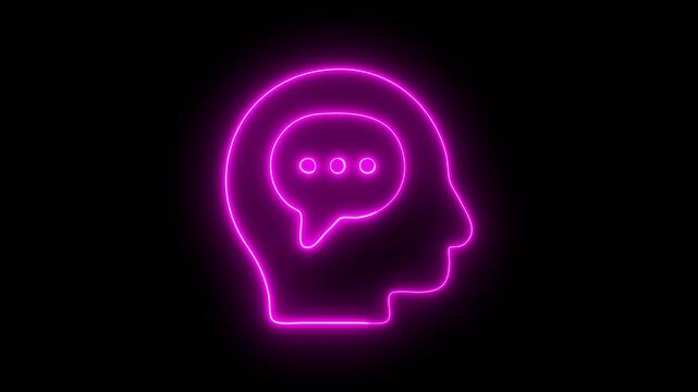 Neon line Man Head or Profile of thinking with bubble with blinking dots. Time management, pressure, deadlines and thinking concept on Black background.