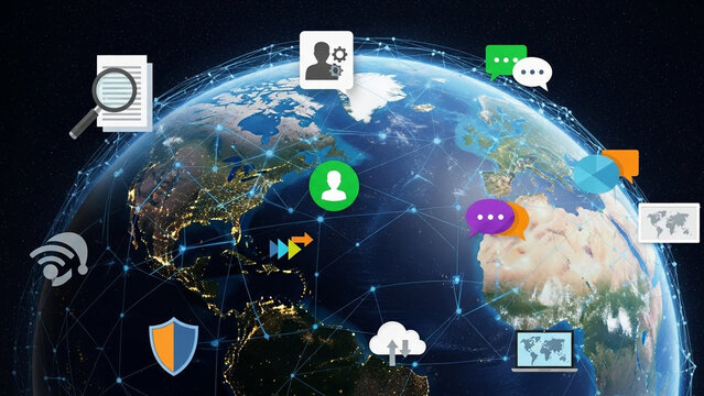 Global Network Connectivity with Digital Icons in Blue Glow on Dark Background for Technology - Powered by Adobe