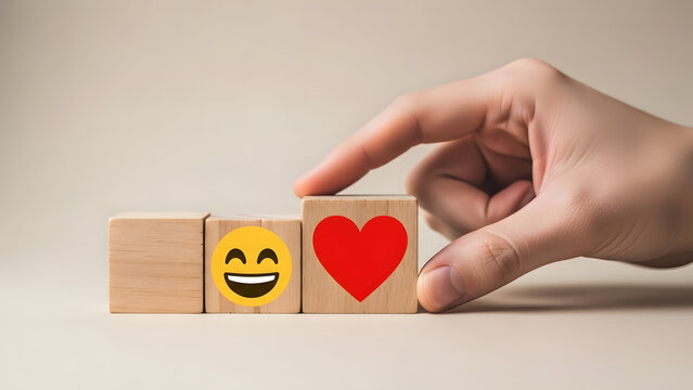 Wooden blocks with smiling emoji and red heart held by hand - Powered by Adobe