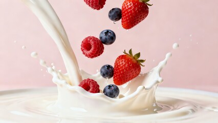 Pouring milk stream or cream with falling raspberries strawberries and blueberries against a soft pink background showing fresh dairy movement