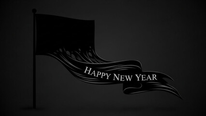 Black flag with happy new year banner on dark background