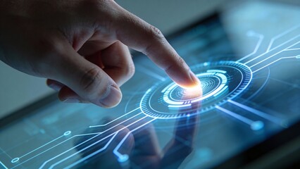 Close up of finger touching glowing circular light on digital tablet screen with blue circuit line graphics and technical interface