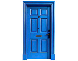 A vibrant blue wooden door, front-facing, featuring panels and a letterbox, against a black background
