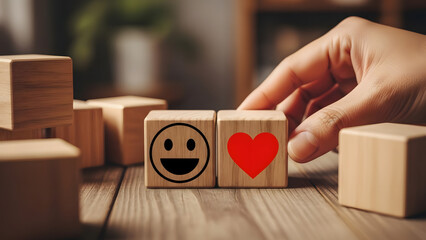 Hand adjusting wooden blocks with smiling emoji and heart symbol