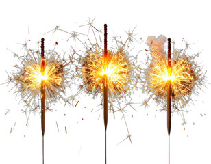 Three glowing sparklers burn brightly, radiating light against a black background. Fireworks celebration