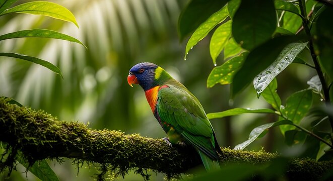 Colorful lorikeet perched on branch.