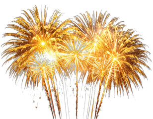 Glowing golden fireworks burst against a dark background, creating a dazzling display of light