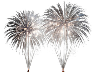 Two bursts of radiant, silver light fireworks against a stark, black background