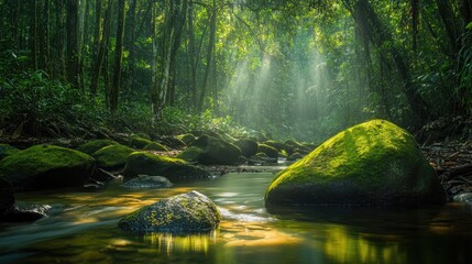A quiet rainforest creek framed by moss-covered rocks