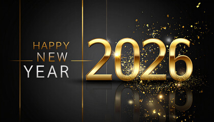 Luxury golden 2026 happy new year text on black background with gold glitter particles