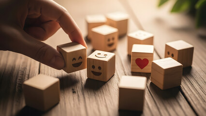 Hand adjusting wooden blocks with smiling emoji and heart symbol