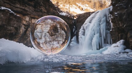 A rare frozen water bubble captured mid-air near an icy waterfall