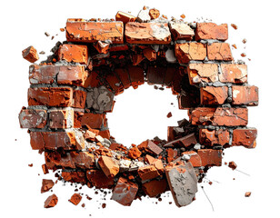 Close-up of a brick wall shattered by impact, revealing a circular hole against a dark backdrop