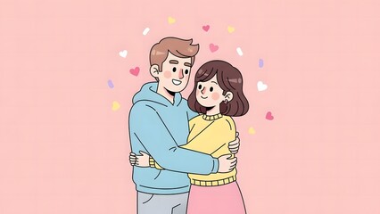 A cartoon illustration of a happy couple embracing with hearts around them