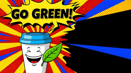 Cartoon coffee cup with green leaf and Go Green text