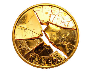 Close-up of a broken golden circle, shards reflect light. Black background creates contrast